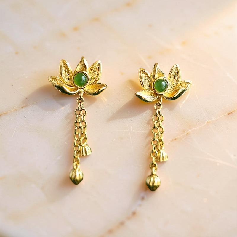ATELIER-TIBET – Boucles d'Oreilles Pendantes en Jade – Douceur, Argent Plaqué Or