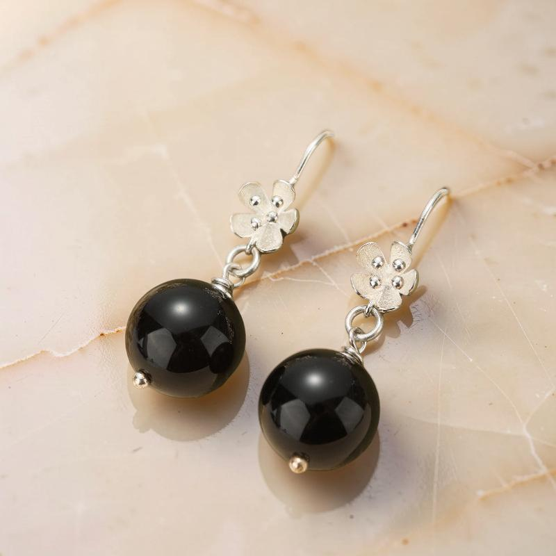 ATELIER-TIBET – Boucles d'Oreilles Pendantes Obsidienne – Floraison Mystique, Argent
