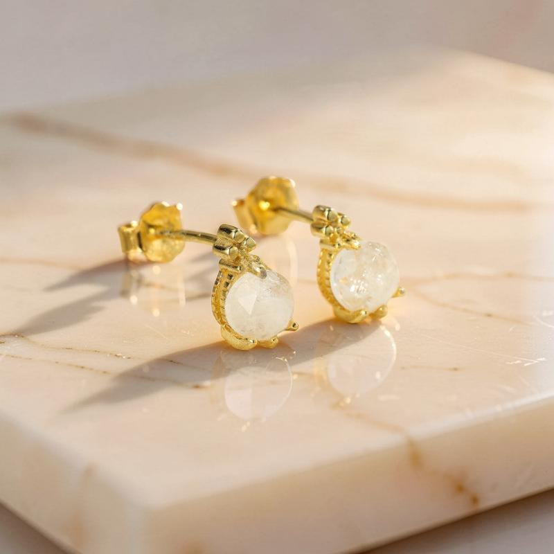 ATELIER-TIBET – Boucles d'Oreilles Pierre de Lune – Goutte Lumineuse, Argent Plaqué Or