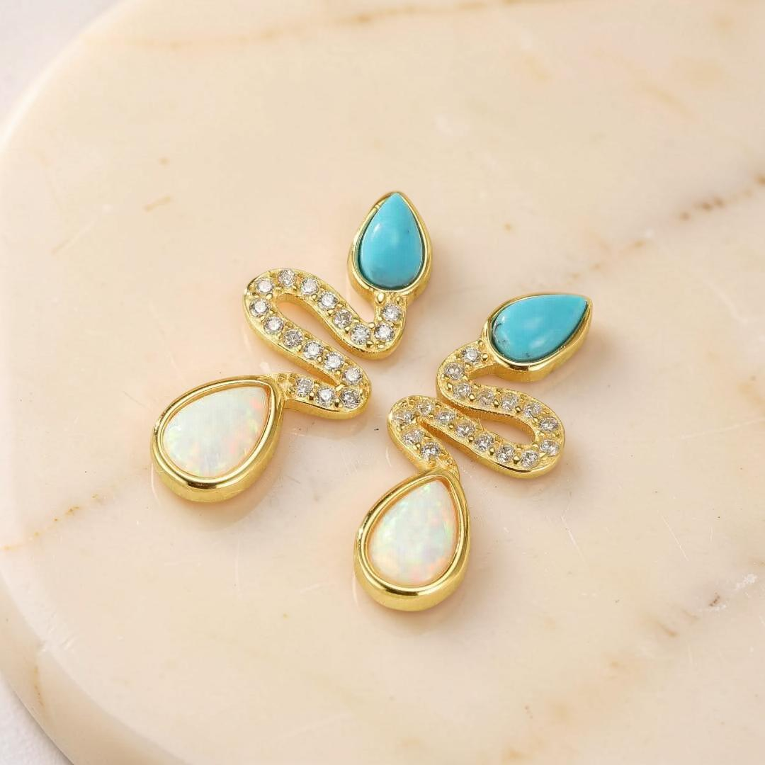 ATELIER-TIBET – Boucles d'Oreilles Serpent Opale et Turquoise– Larmes de Lagon, Argent 925