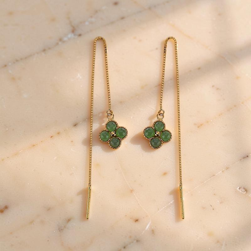 ATELIER-TIBET – Boucles d'Oreilles Trèfle en Jade – Porte-Bonheur, Argent Plaqué Or