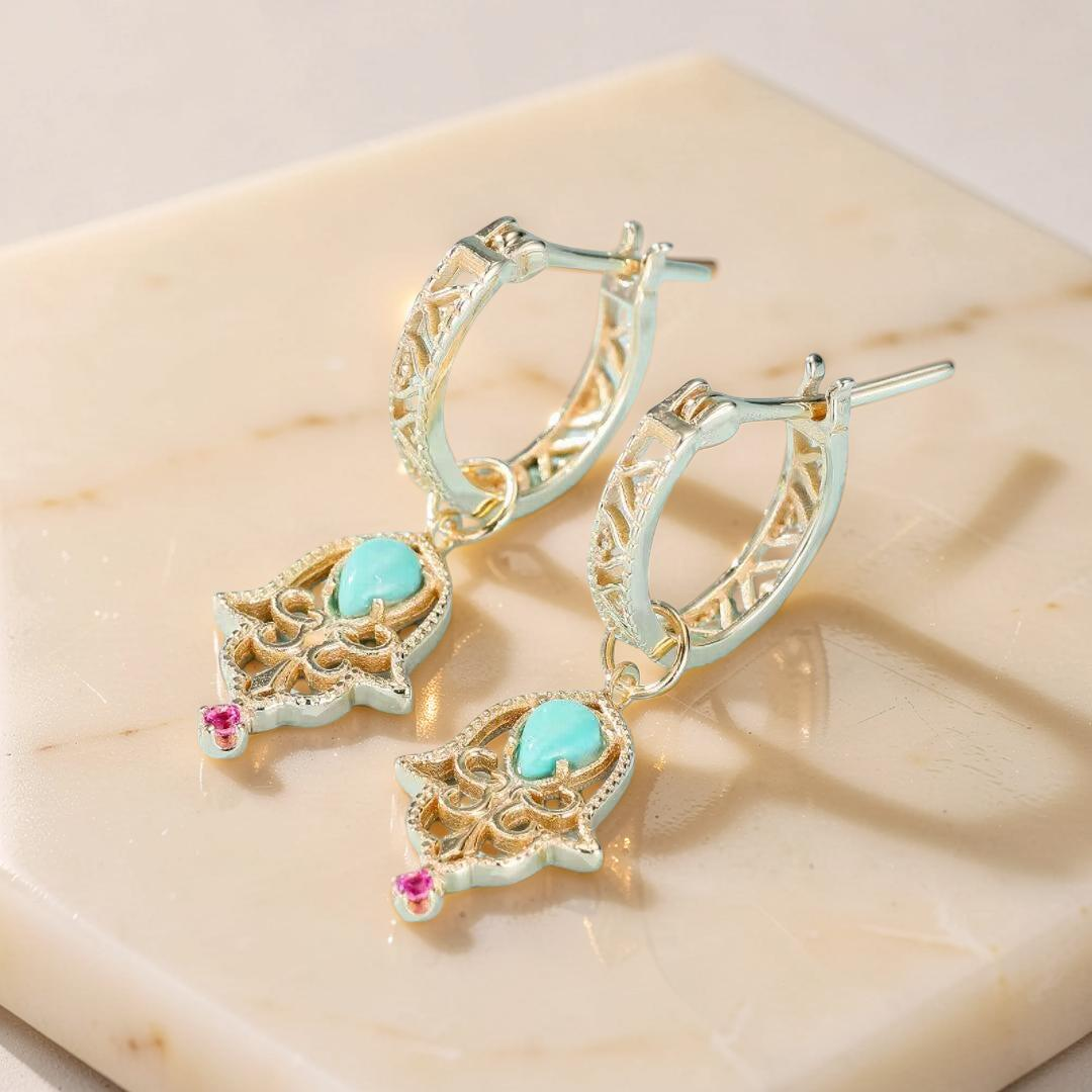 ATELIER-TIBET – Boucles d'Oreilles Turquoise – Aura Protectrice, Argent Plaqué Or