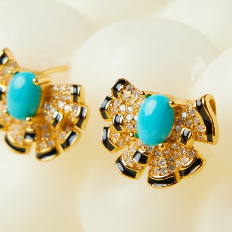 ATELIER-TIBET – Boucles d'Oreilles Turquoise – Coquillage Maritime, Argent Plaqué Or