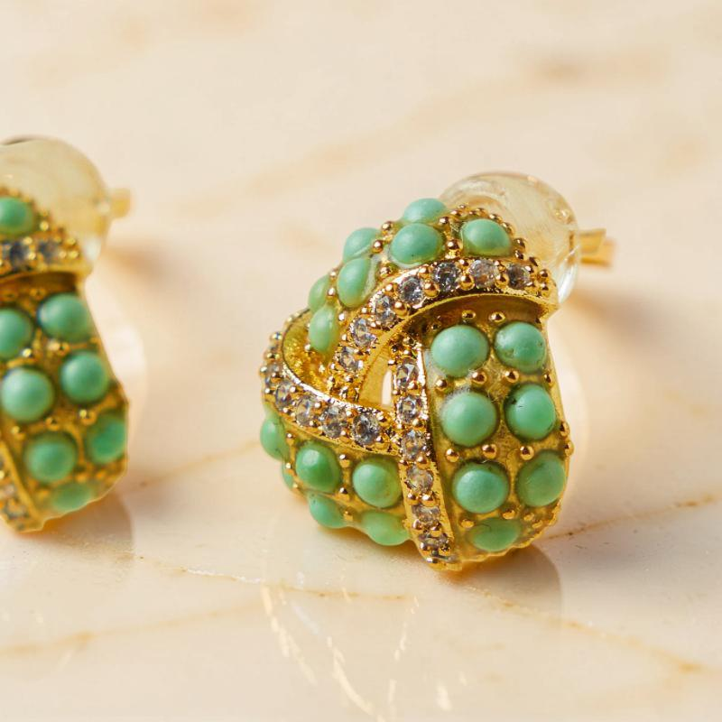 ATELIER-TIBET – Boucles d'Oreilles Turquoise – Triangle Torsade, Argent Plaqué Or