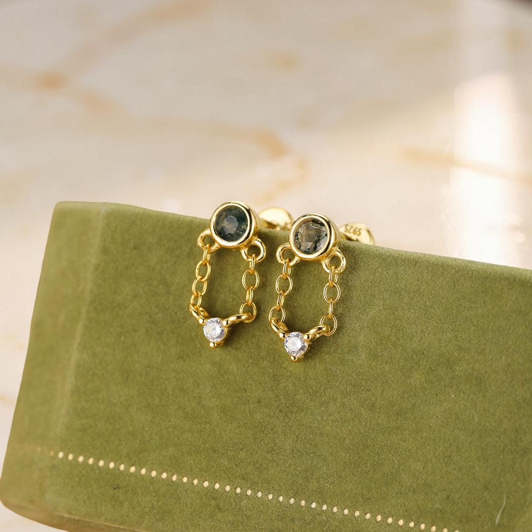ATELIER-TIBET – Boucles d’Oreille Agate Mousse – Chaîne Élémentaire, Argent Plaqué Or