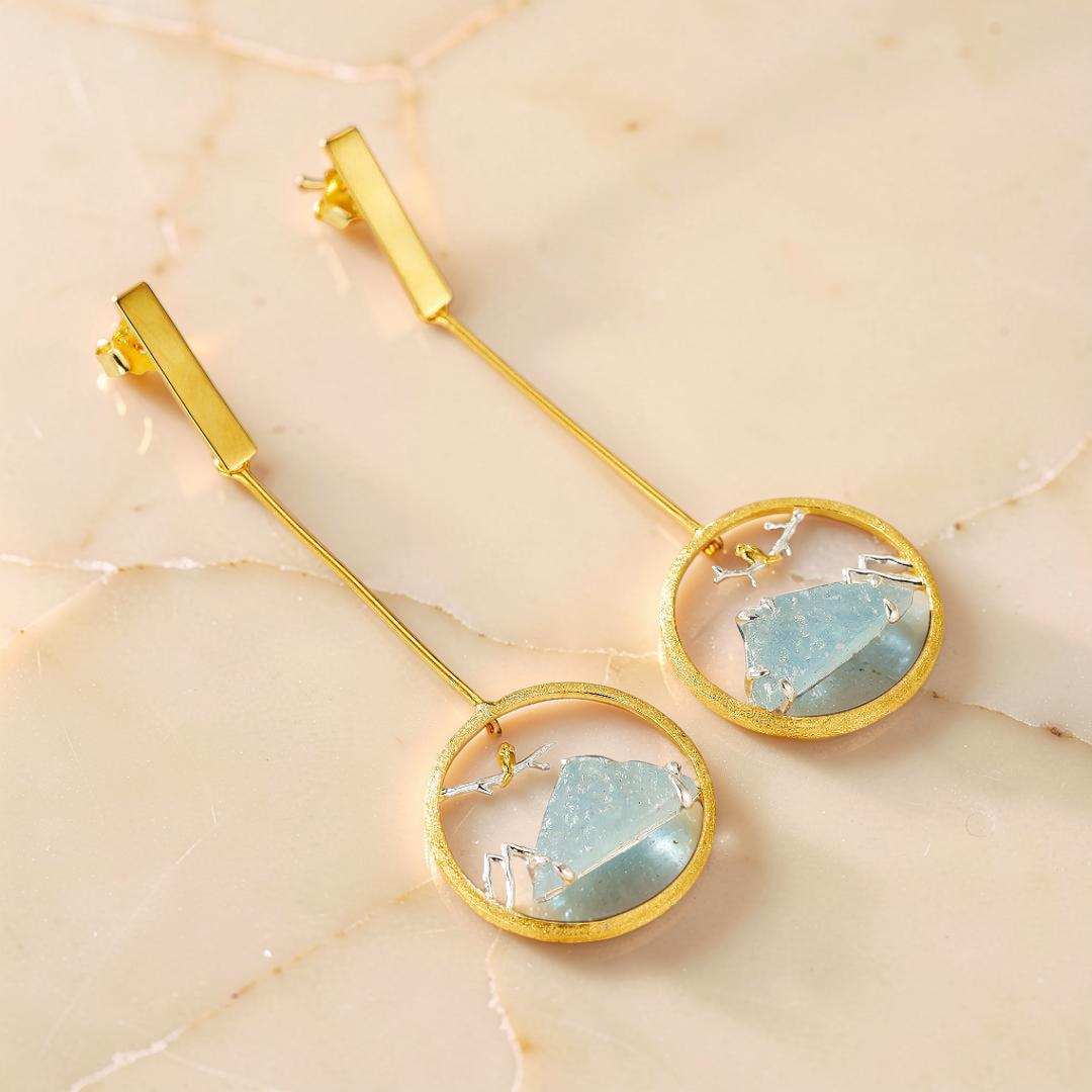 ATELIER-TIBET – Boucles d'Oreilles Aigue Marine – Petit Oiseau, Argent Plaqué Or