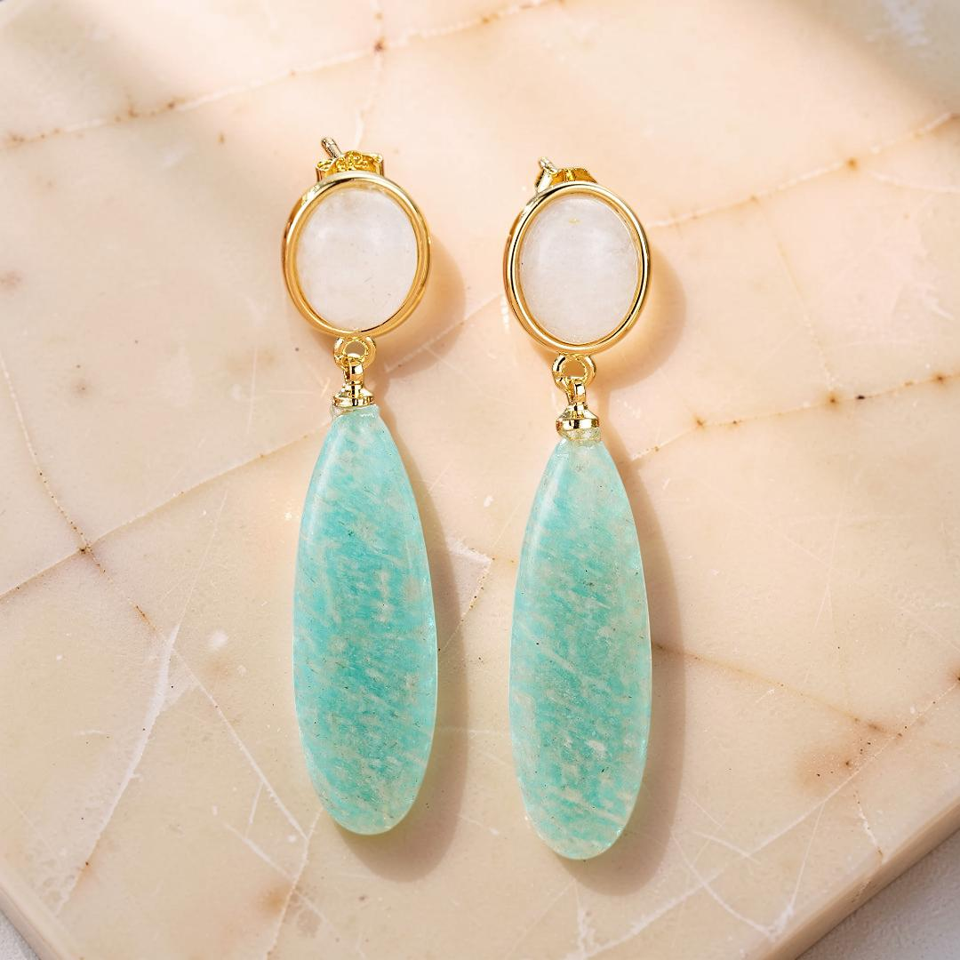 ATELIER-TIBET – Boucles d’Oreilles Amazonite et Pierre de Lune – Élégance Nocturne