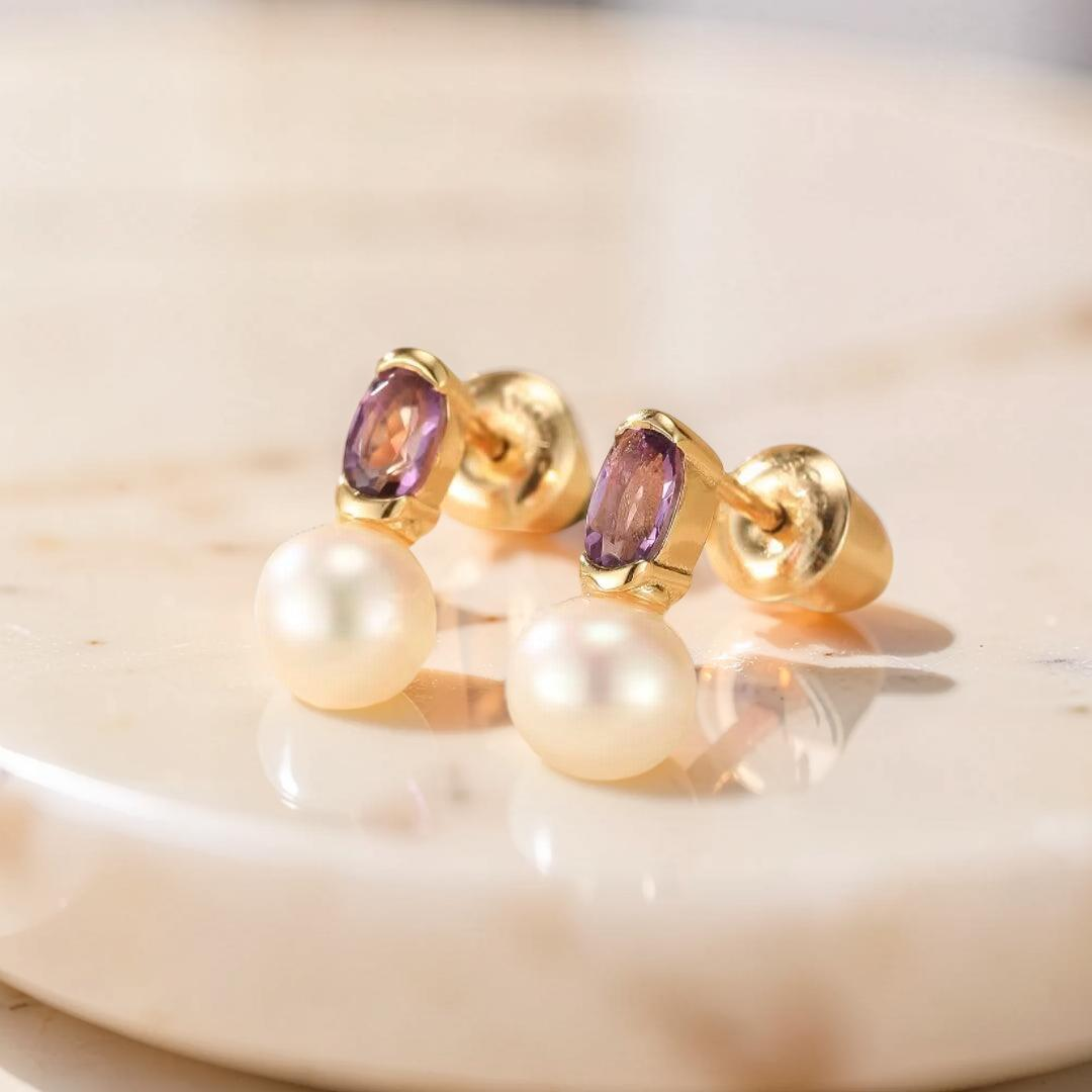 ATELIER-TIBET – Boucles d’Oreilles Améthyste et Perle – Pure Grâce, Argent Plaqué Or
