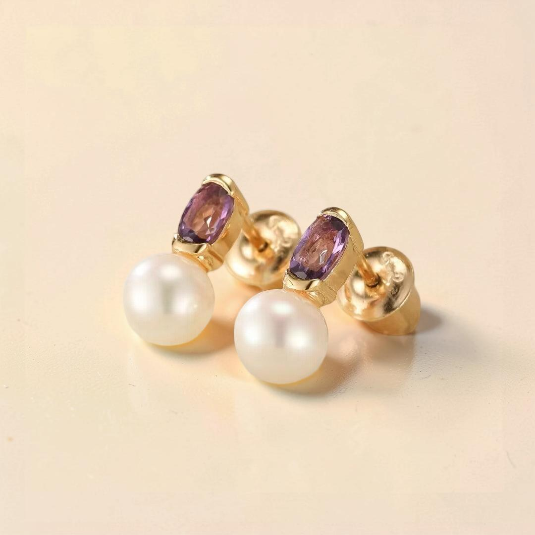 ATELIER-TIBET – Boucles d’Oreilles Améthyste et Perle – Pure Grâce, Argent Plaqué Or