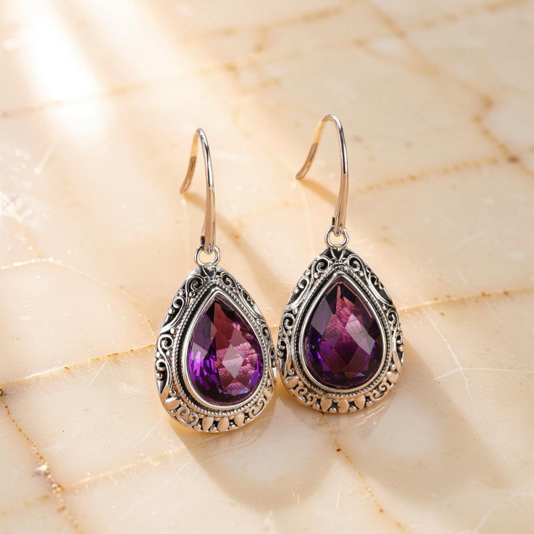 ATELIER-TIBET – Boucles d’oreilles Améthyste – Gouttes d’Héritage, Argent