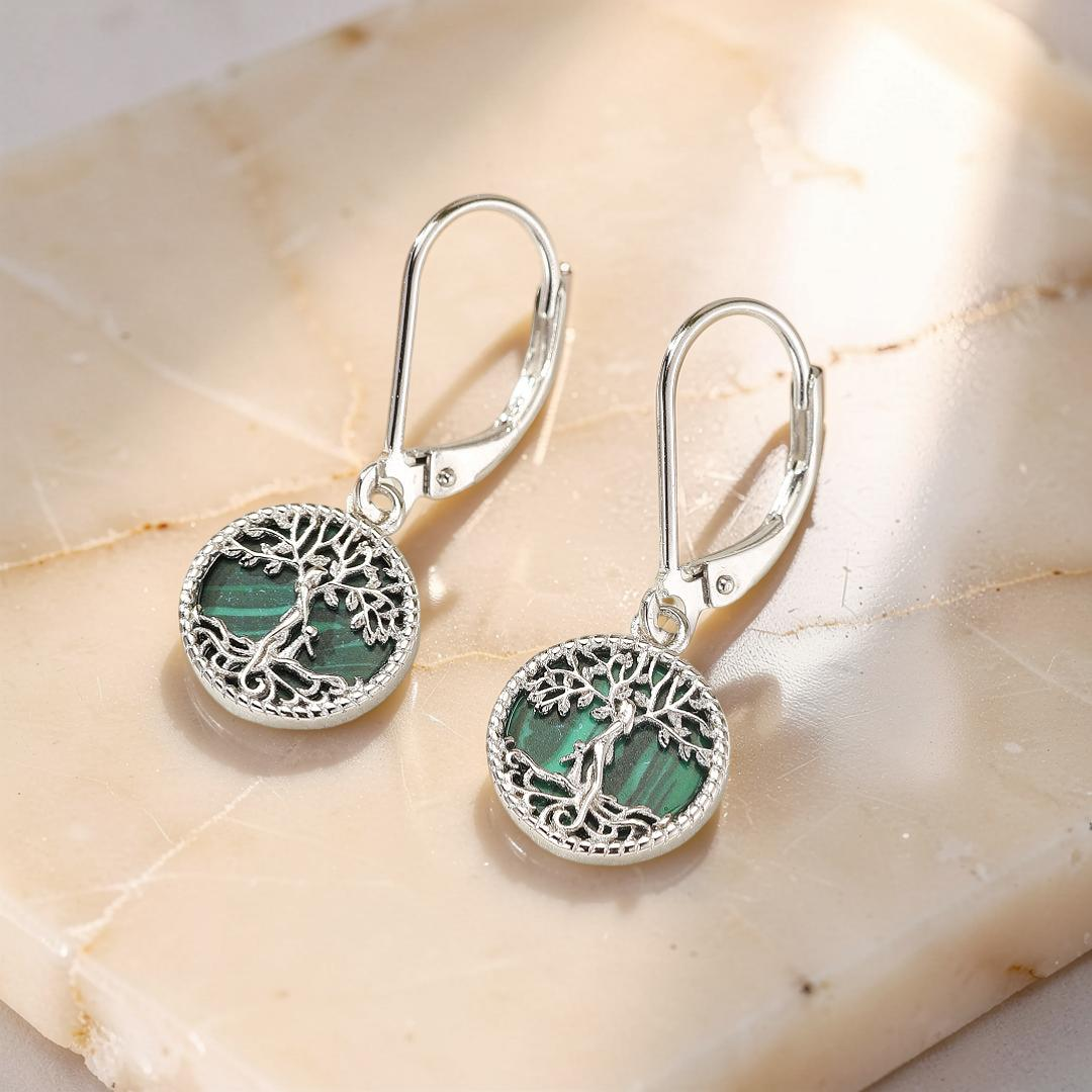 ATELIER-TIBET – Boucles d’oreilles Arbre de Vie Malachite – Racines Sacrées, Argent