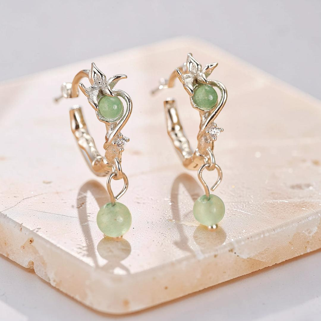 ATELIER-TIBET – Boucles d’oreilles Aventurine – Rameaux d’Harmonie, Argent