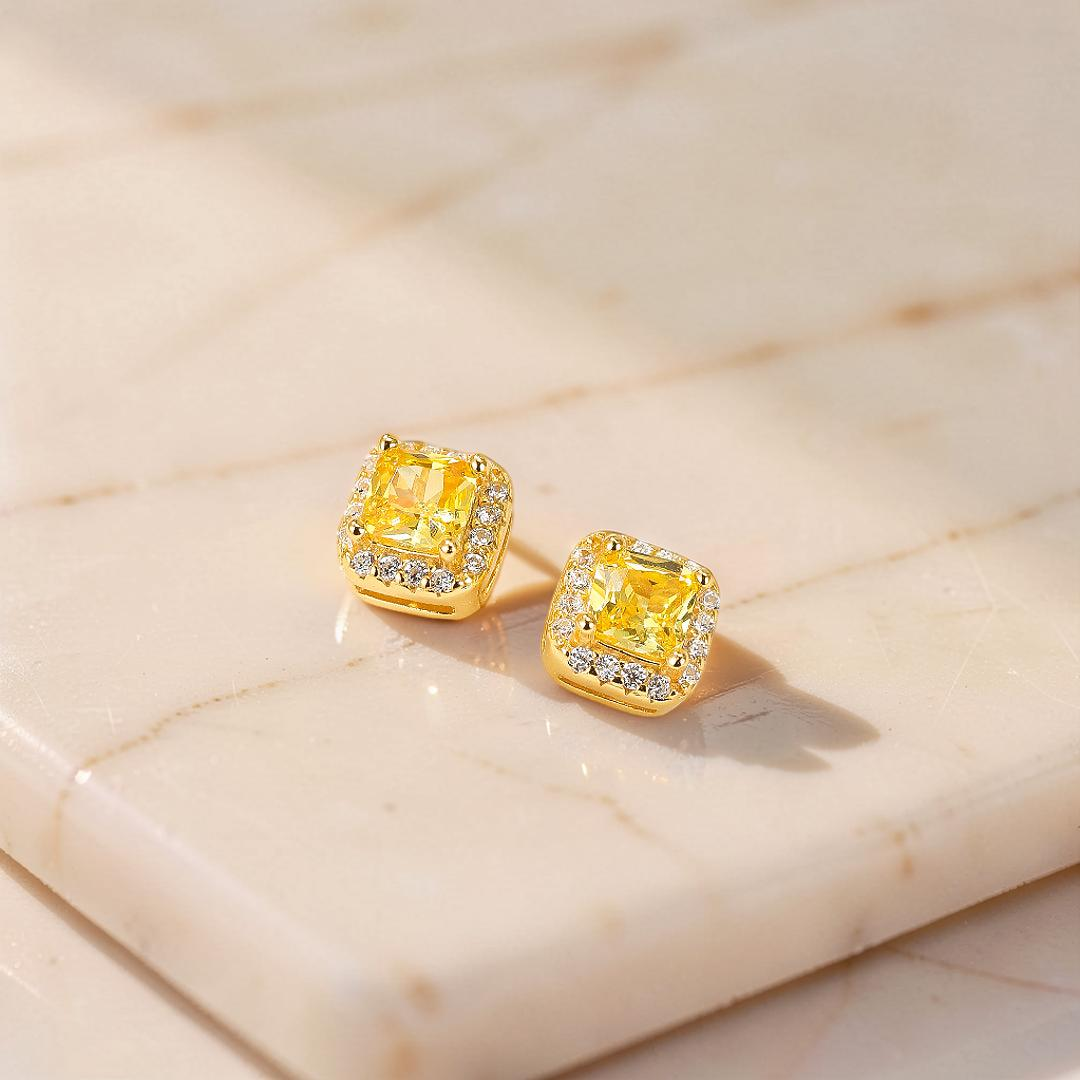 ATELIER-TIBET – Boucles d’Oreilles Citrine – Éclat Carré, Argent