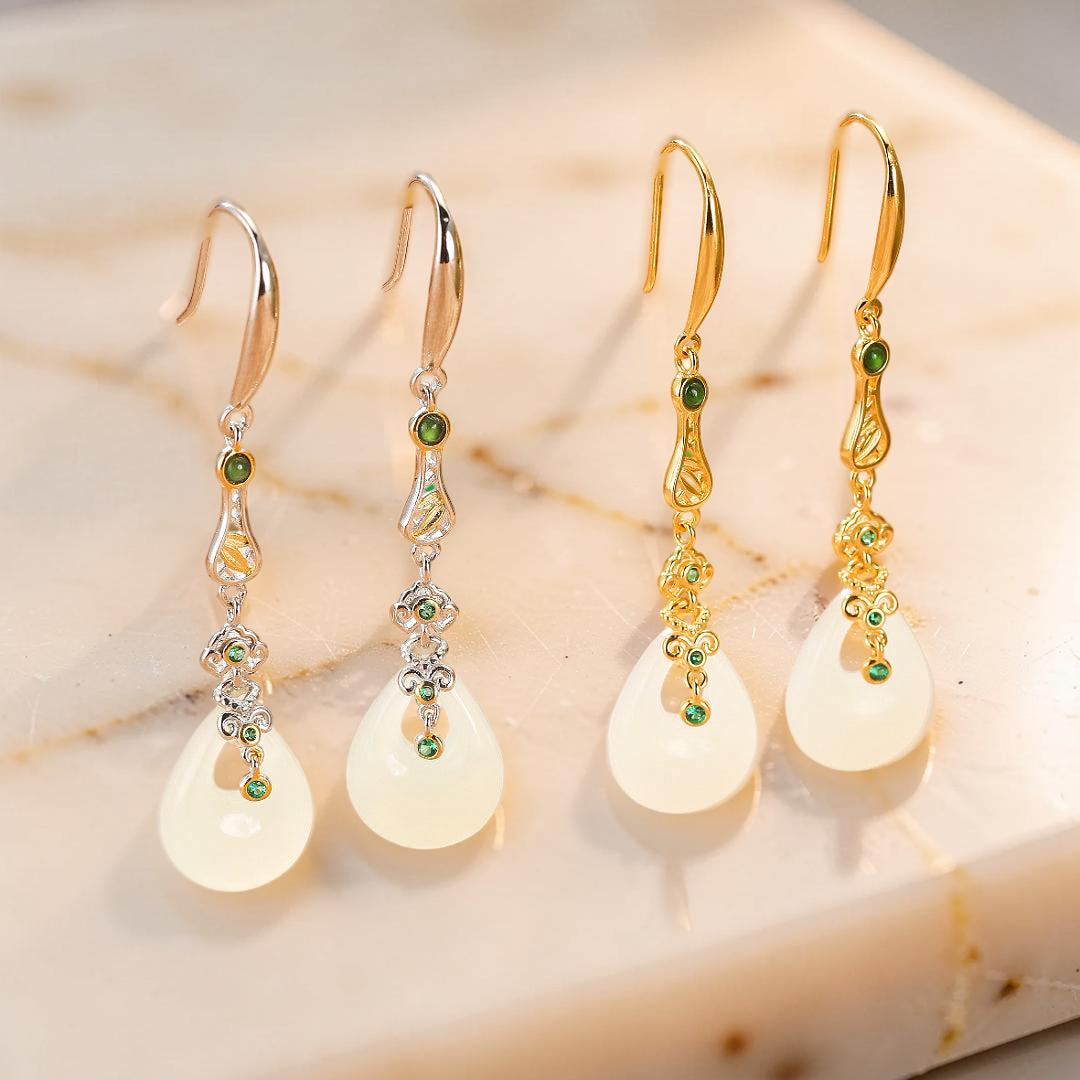 ATELIER-TIBET – Boucles d’Oreilles Pendantes Jade – Gloire Impériale, Argent Plaqué Or