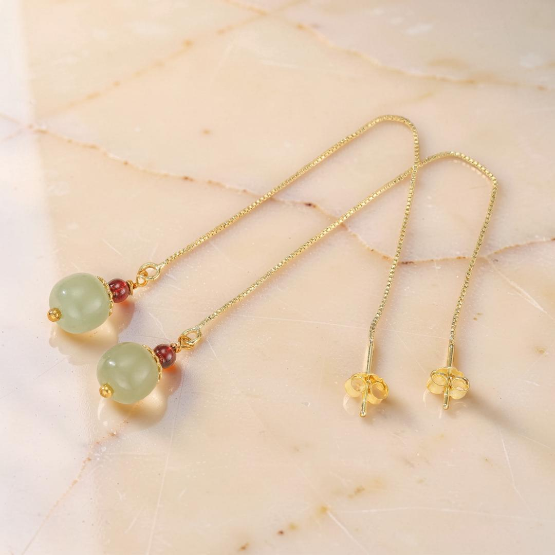 ATELIER-TIBET – Boucles d’Oreilles Jade et Agate – Fruit, Argent Plaqué Or