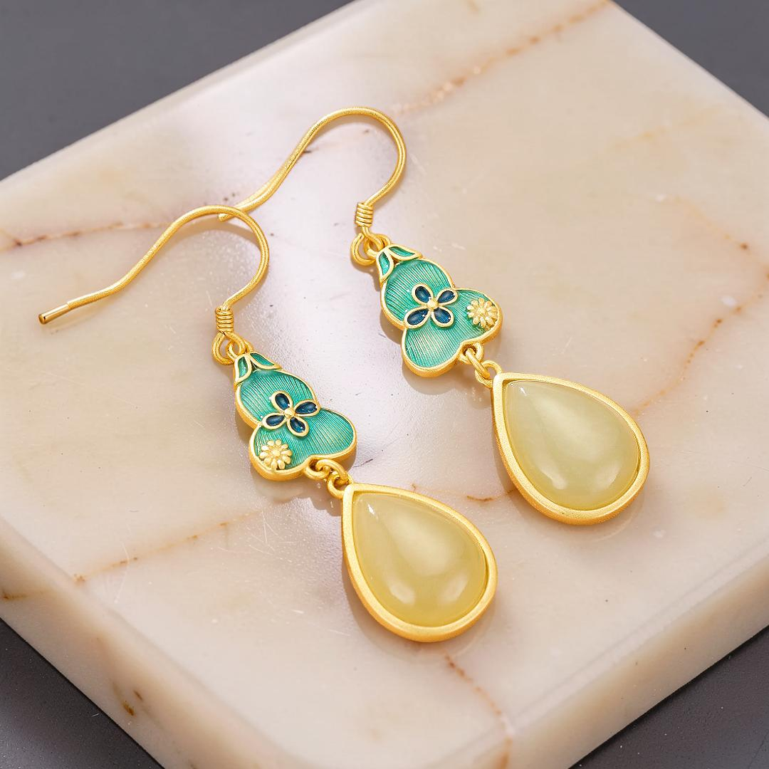 ATELIER-TIBET – Boucles d'Oreilles Jade – Goutte de Chance, Argent Plaqué Or