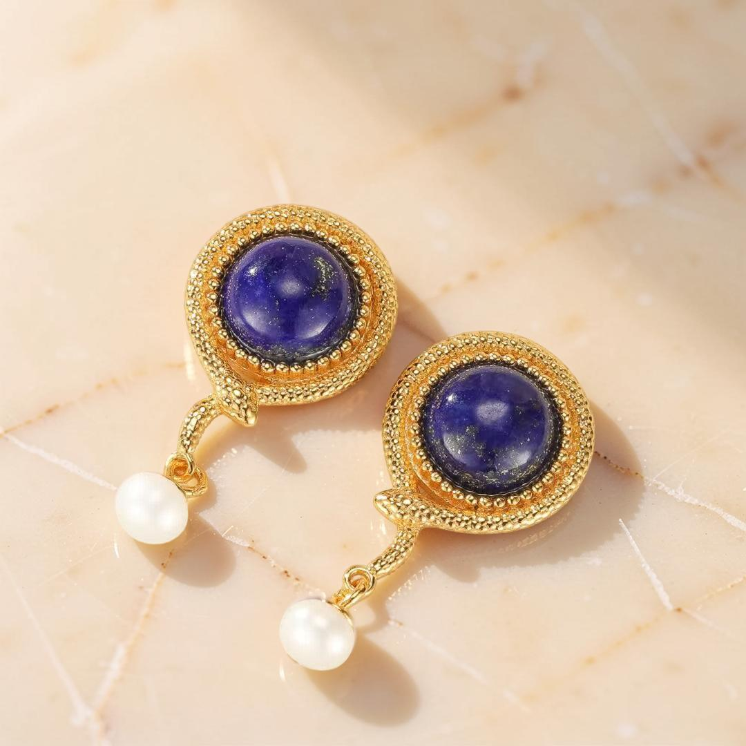 ATELIER-TIBET – Boucles d’Oreilles Lapis Lazuli Serpent – Perle Lumineuse, Argent Plaqué Or