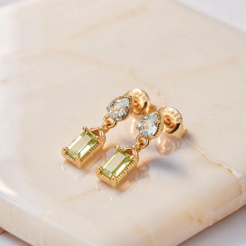ATELIER-TIBET – Boucles d'Oreilles Péridot et Topaze – Géométrie Raffinée, Argent Plaqué Or