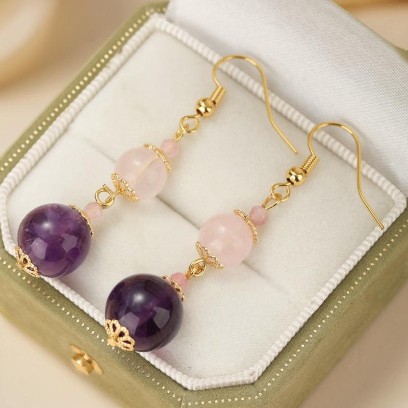 ATELIER-TIBET – Boucles d'Oreilles Quartz Rose et Améthyste – Plongée Ether