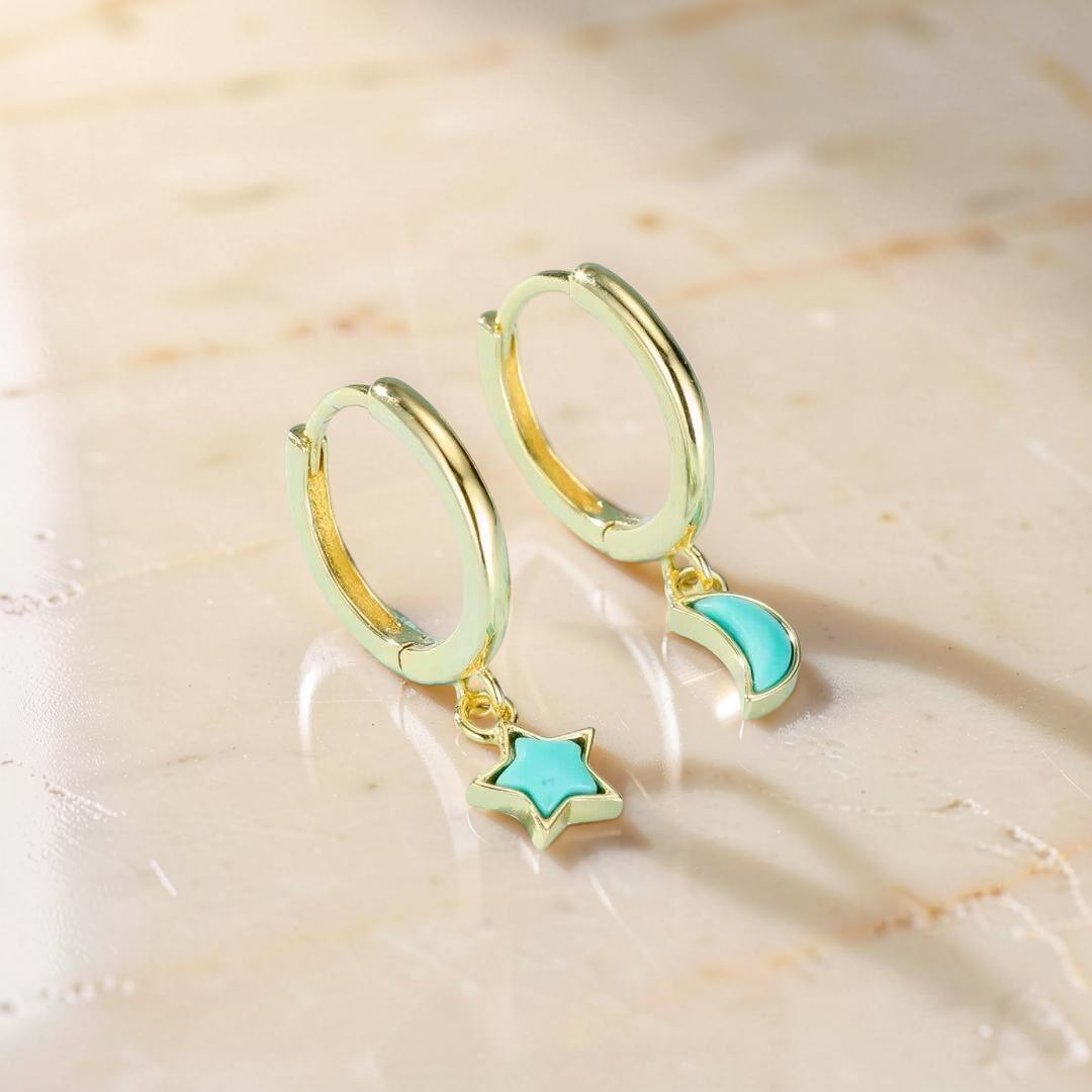 ATELIER-TIBET – Boucles d’Oreilles Turquoise – Ciel Enchanté, Argent Plaqué Or
