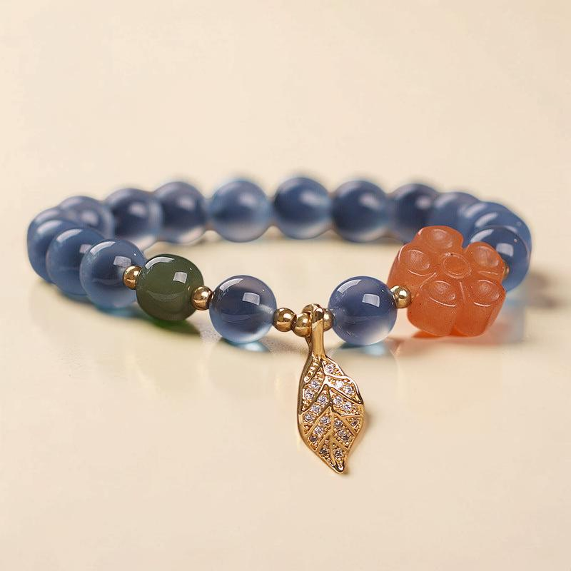ATELIER-TIBET – Bracelet Agate Bleue – Feuille Dorée