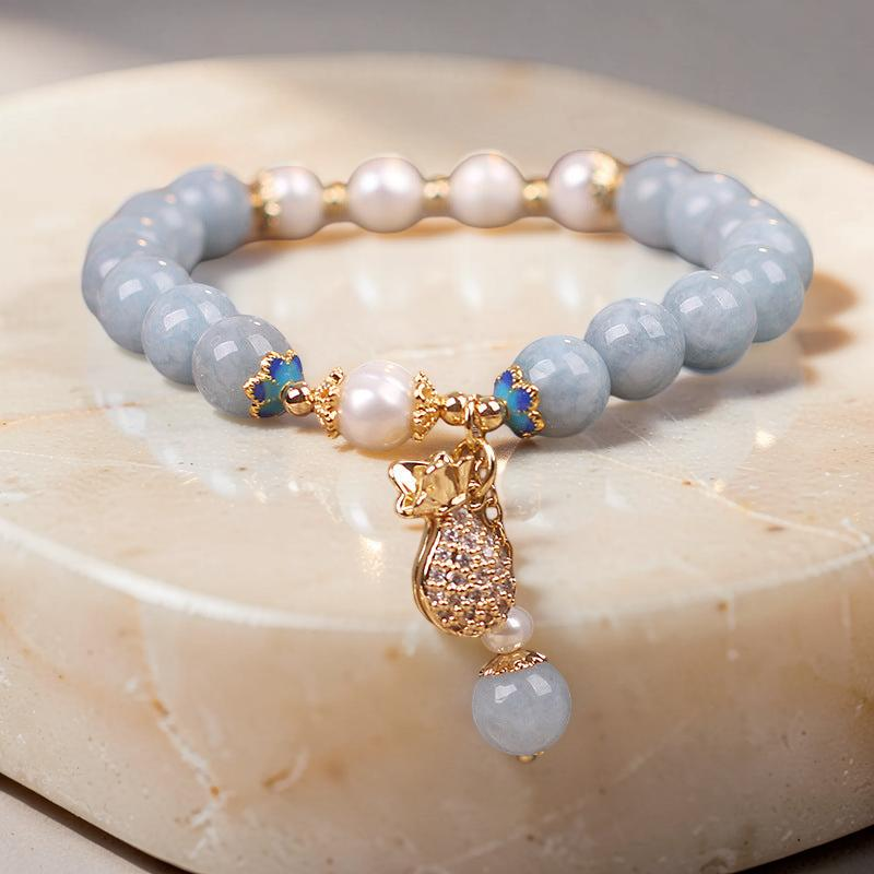 ATELIER-TIBET – Bracelet Aigue-Marine et Perle – Poche d'Argent