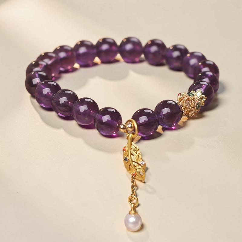 ATELIER-TIBET – Bracelet Améthyste et Perle – Feuille Dorée