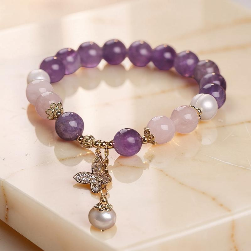 ATELIER-TIBET – Bracelet Améthyste Quartz Rose et Perle – Papillon