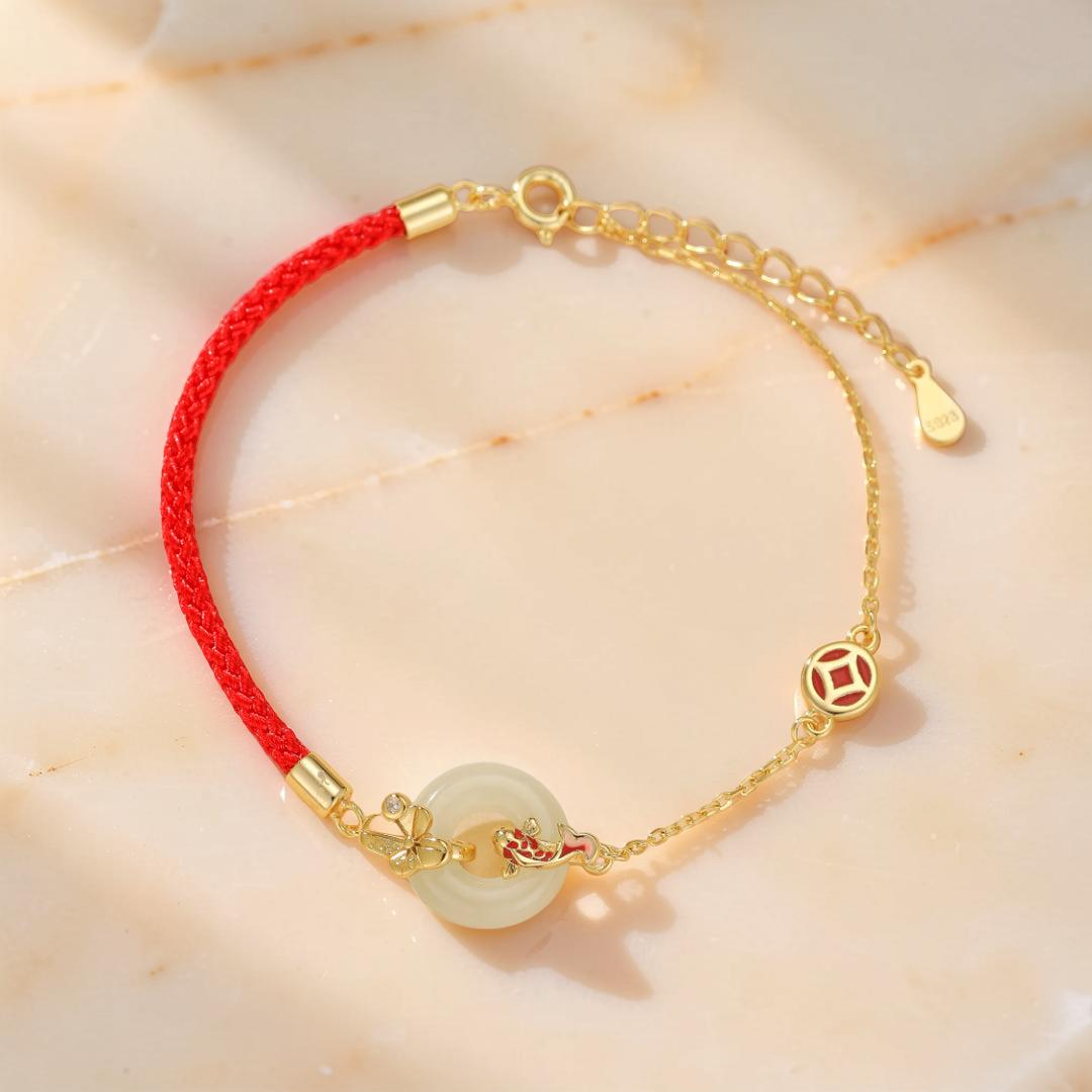 ATELIER-TIBET – Bracelet Cordon Rouge et Jade – Carpe Koï, Argent Plaqué Or