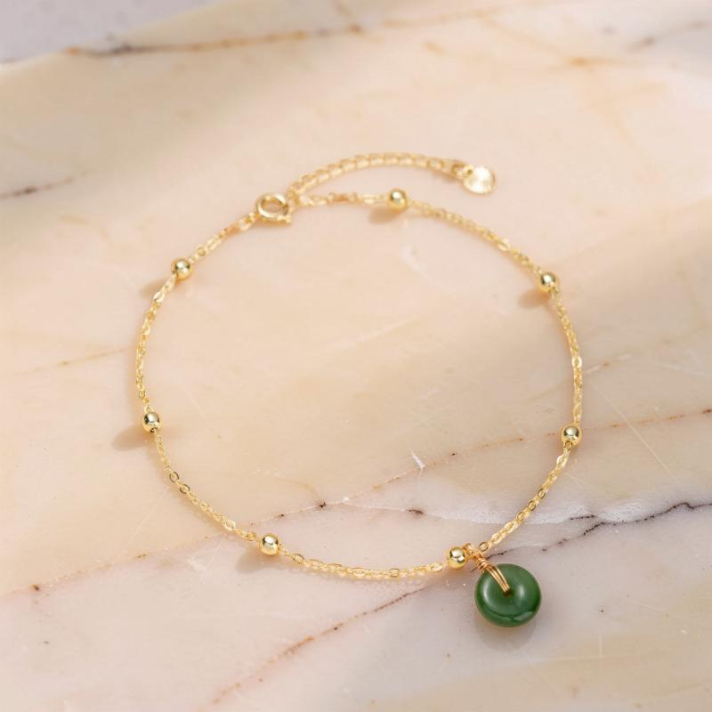 ATELIER-TIBET – Bracelet de Cheville Jade – Paix et Harmonie, Argent Plaqué Or