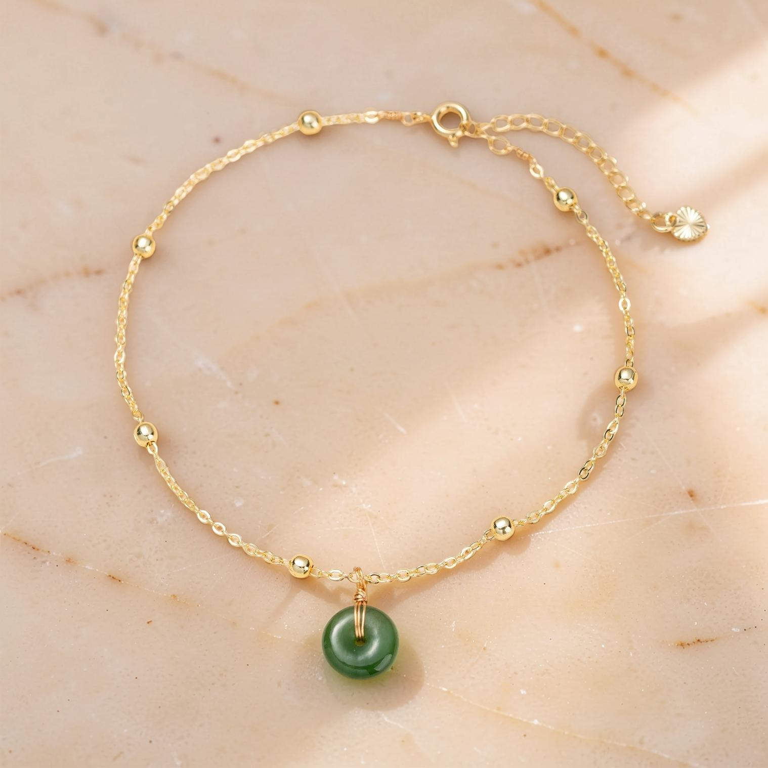 ATELIER-TIBET – Bracelet de Cheville Jade – Paix et Harmonie, Argent Plaqué Or