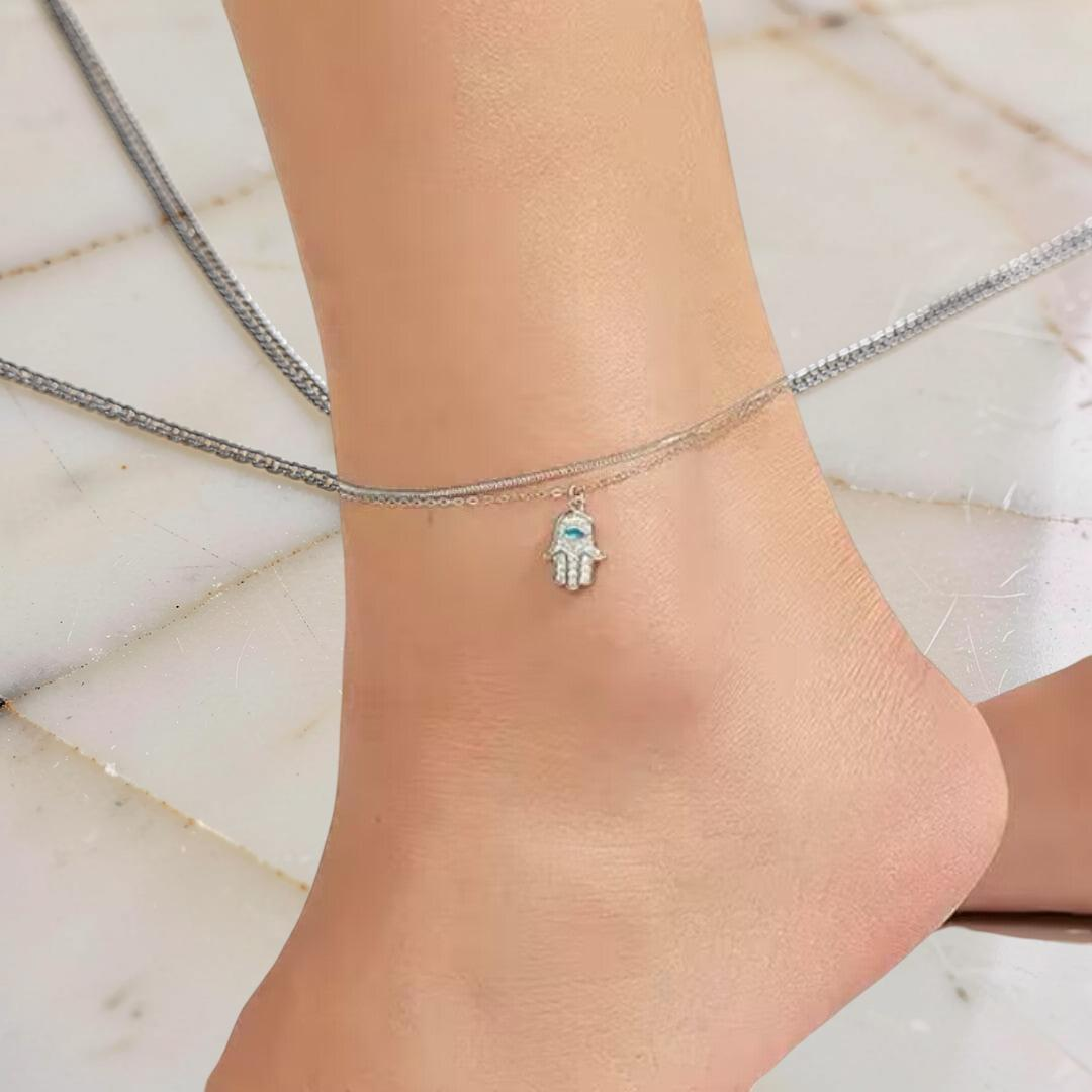 ATELIER-TIBET – Bracelet de Cheville Main de Fatma – Protection Élégante, Argent 925