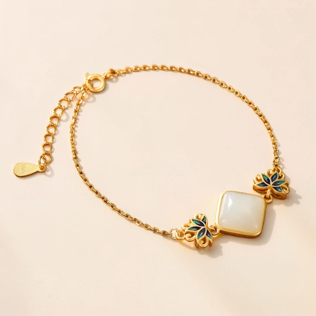 ATELIER-TIBET – Bracelet Jade Blanc – Éveil Lotus Bleu, Argent Plaqué Or