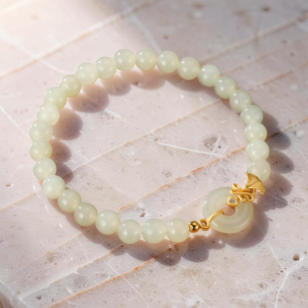 ATELIER-TIBET – Bracelet Jade Blanc – Grâce d'Œillet, Argent Plaqué Or