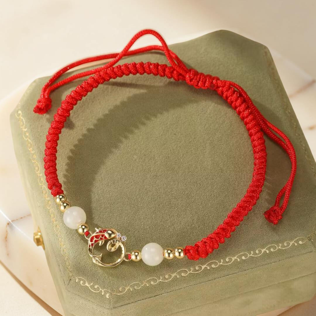 ATELIER-TIBET – Bracelet Cordon Jade et Cinabre – Serpent de Fortune, Argent Plaqué Or