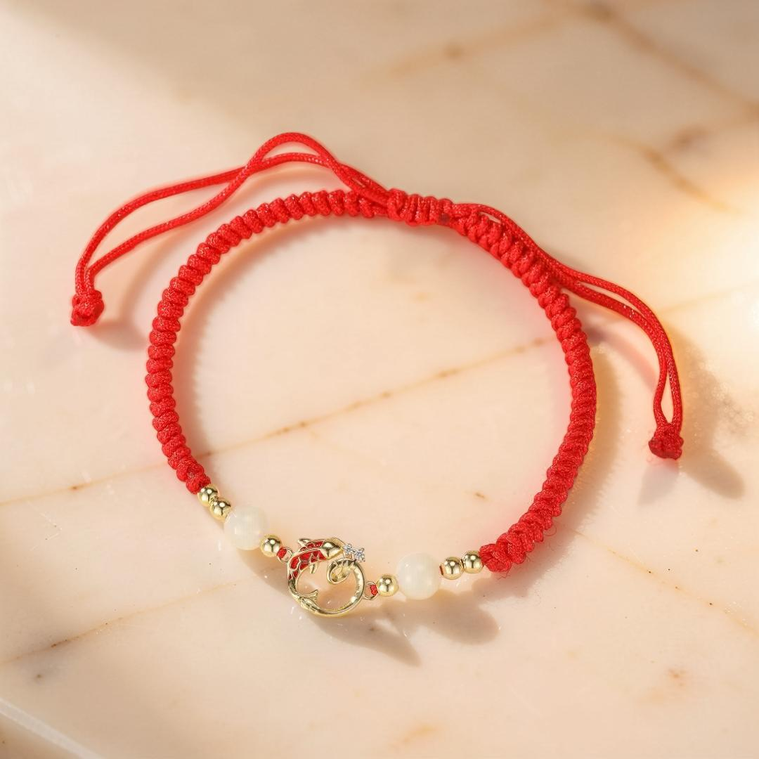 ATELIER-TIBET – Bracelet Cordon Jade et Cinabre – Serpent de Fortune, Argent Plaqué Or