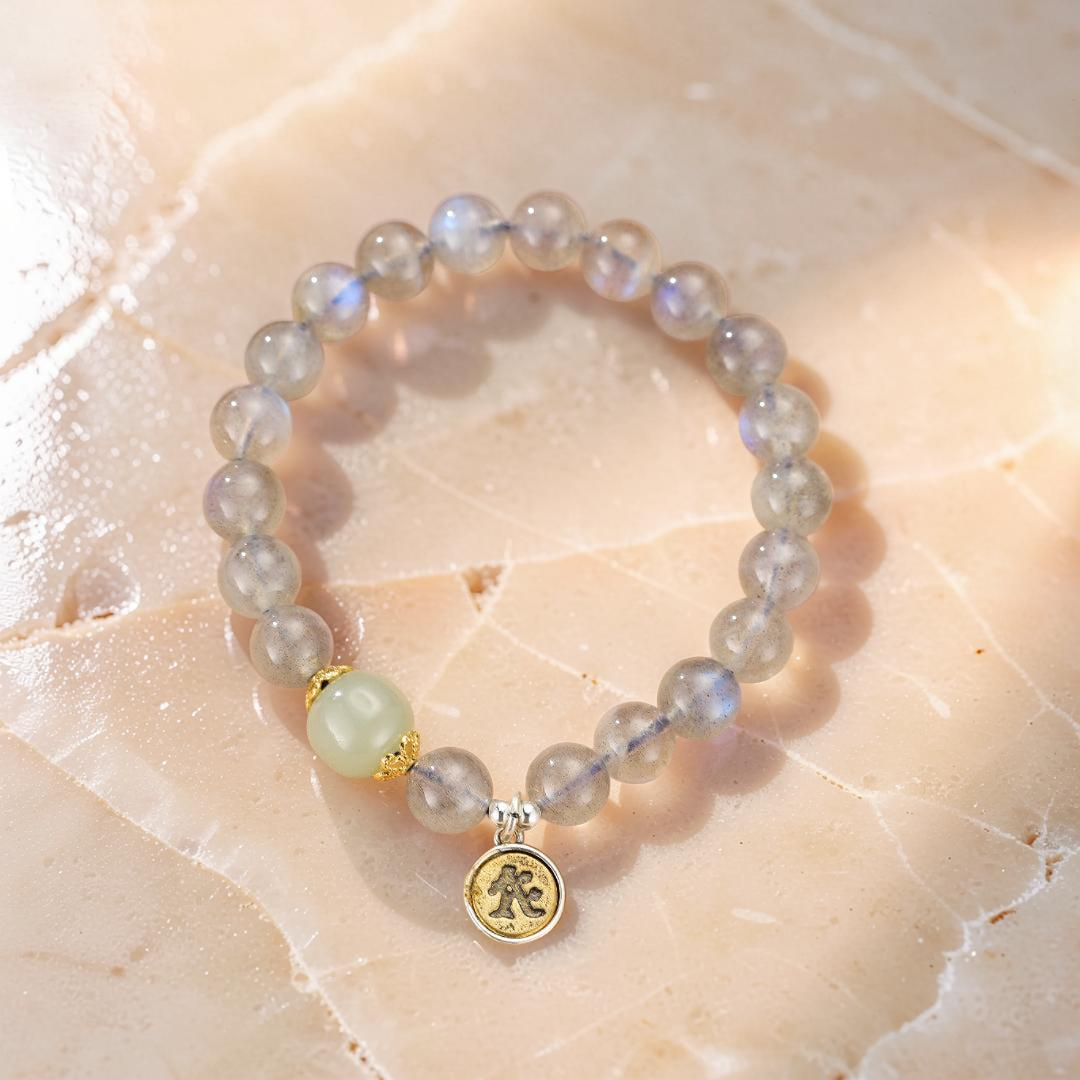 ATELIER-TIBET – Bracelet Jade et Labradorite Cheval/Coq – Protection Céleste