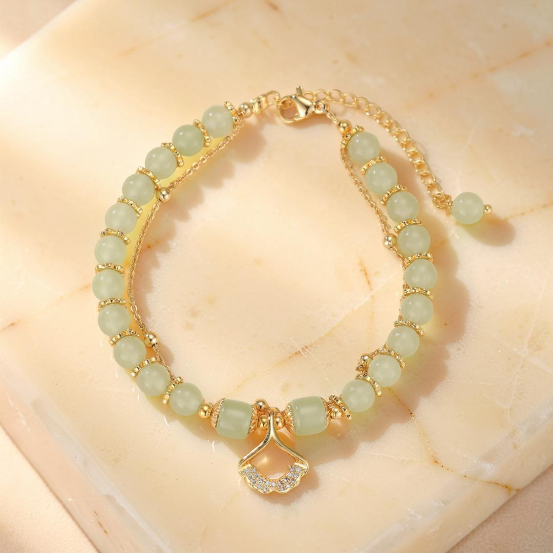 ATELIER-TIBET – Bracelet Jade – Feuille Ginkgo, Argent Plaqué Or