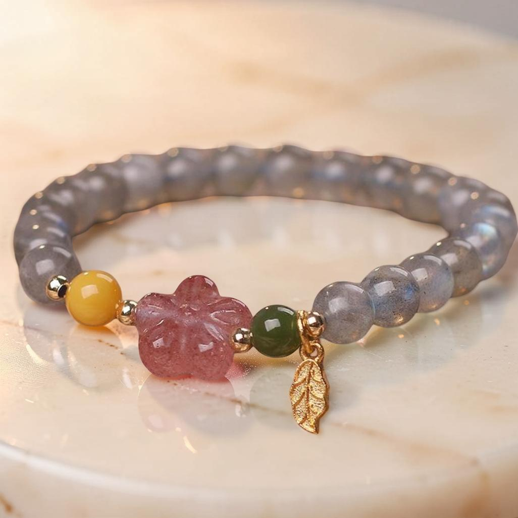 ATELIER-TIBET – Bracelet Labradorite et Quartz Fraise – Feuille Dorée