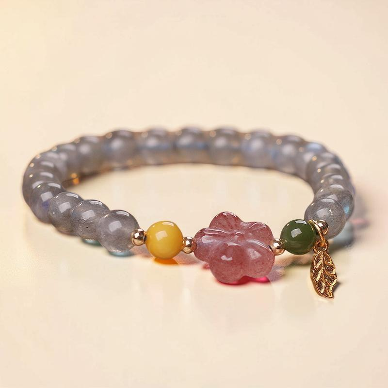 ATELIER-TIBET – Bracelet Labradorite et Quartz Fraise – Feuille Dorée