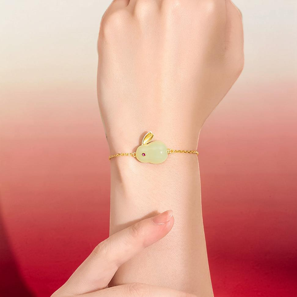 ATELIER-TIBET – Bracelet Lapin en Jade – Sagesse, Argent Plaqué Or