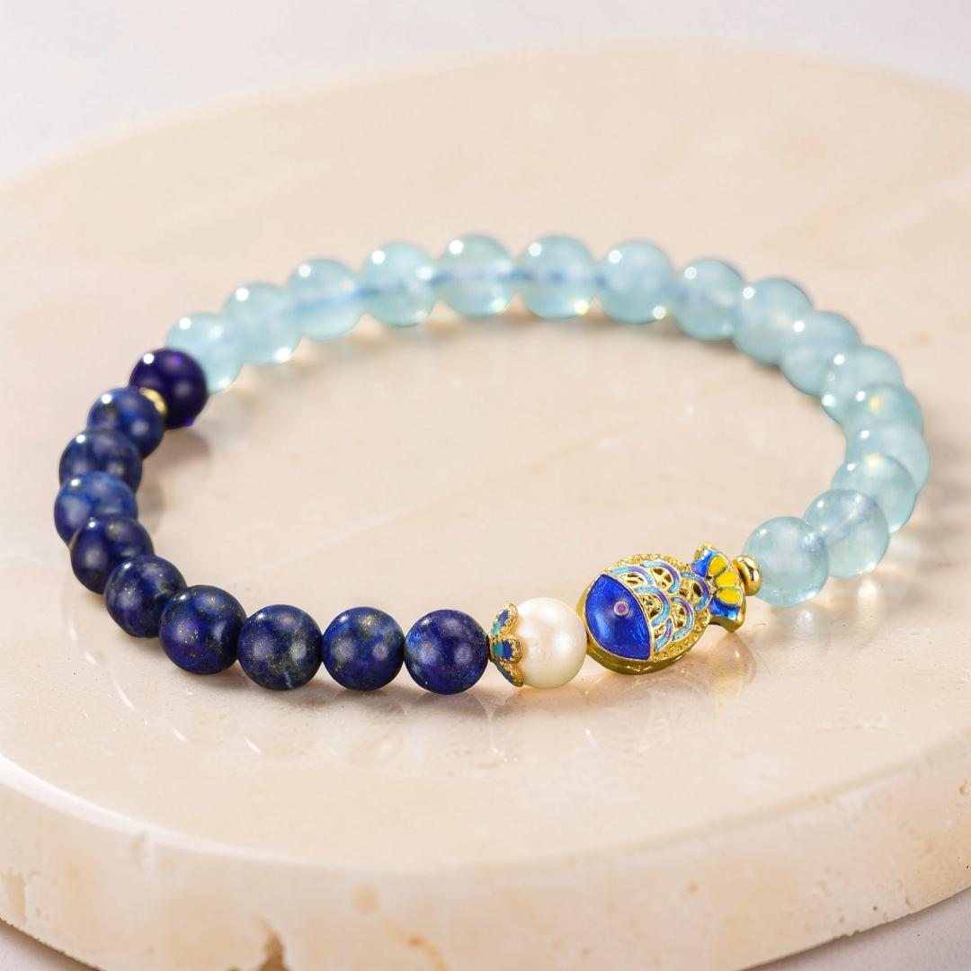 ATELIER-TIBET – Bracelet Lapis Lazuli et Aigue Marine - Poisson de Bonheur