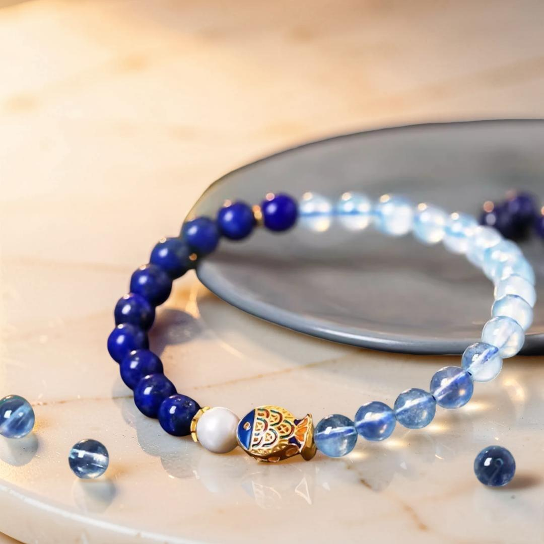 ATELIER-TIBET – Bracelet Lapis Lazuli et Aigue Marine - Poisson de Bonheur