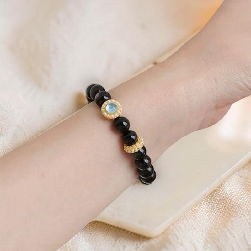 ATELIER-TIBET – Bracelet Obsidienne et Aigue Marine – Éclat Marin