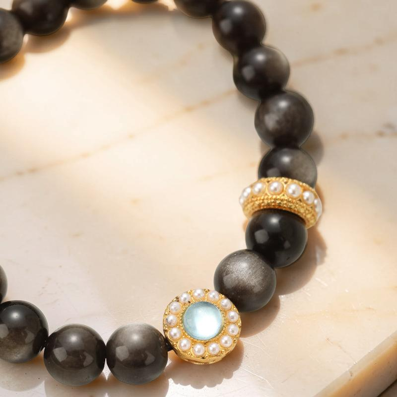 ATELIER-TIBET – Bracelet Obsidienne et Aigue Marine – Éclat Marin