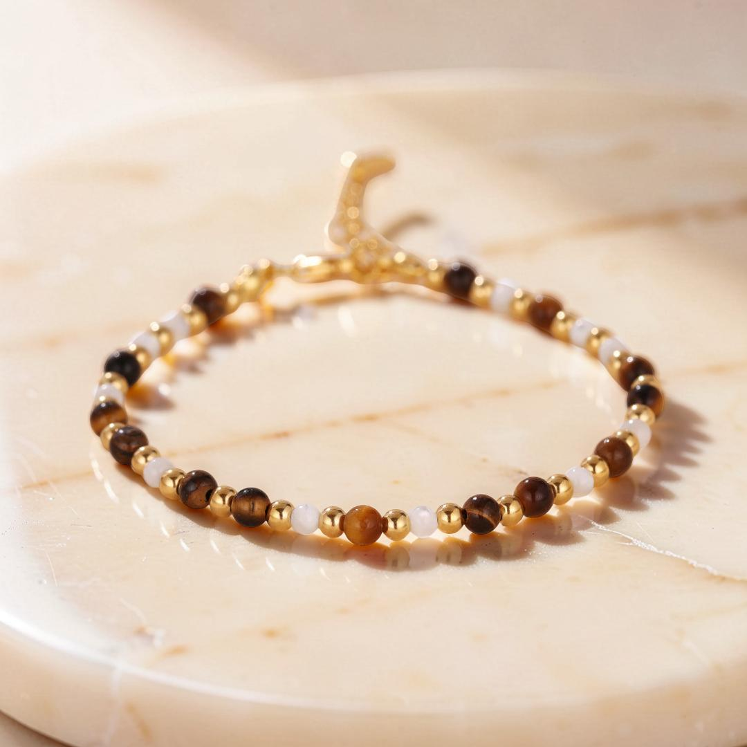 ATELIER-TIBET – Bracelet Œil de Tigre – Charme Royal, Argent Plaqué Or