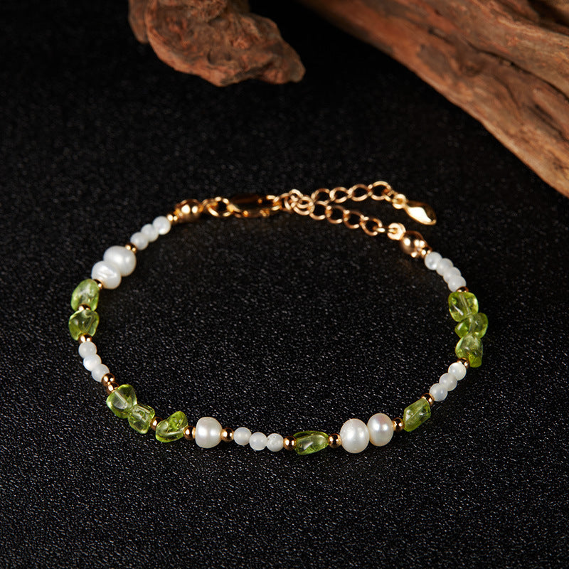 ATELIER-TIBET – Bracelet Péridot, Perles et Nacre – Gouttes Solaires, Argent Plaqué Or