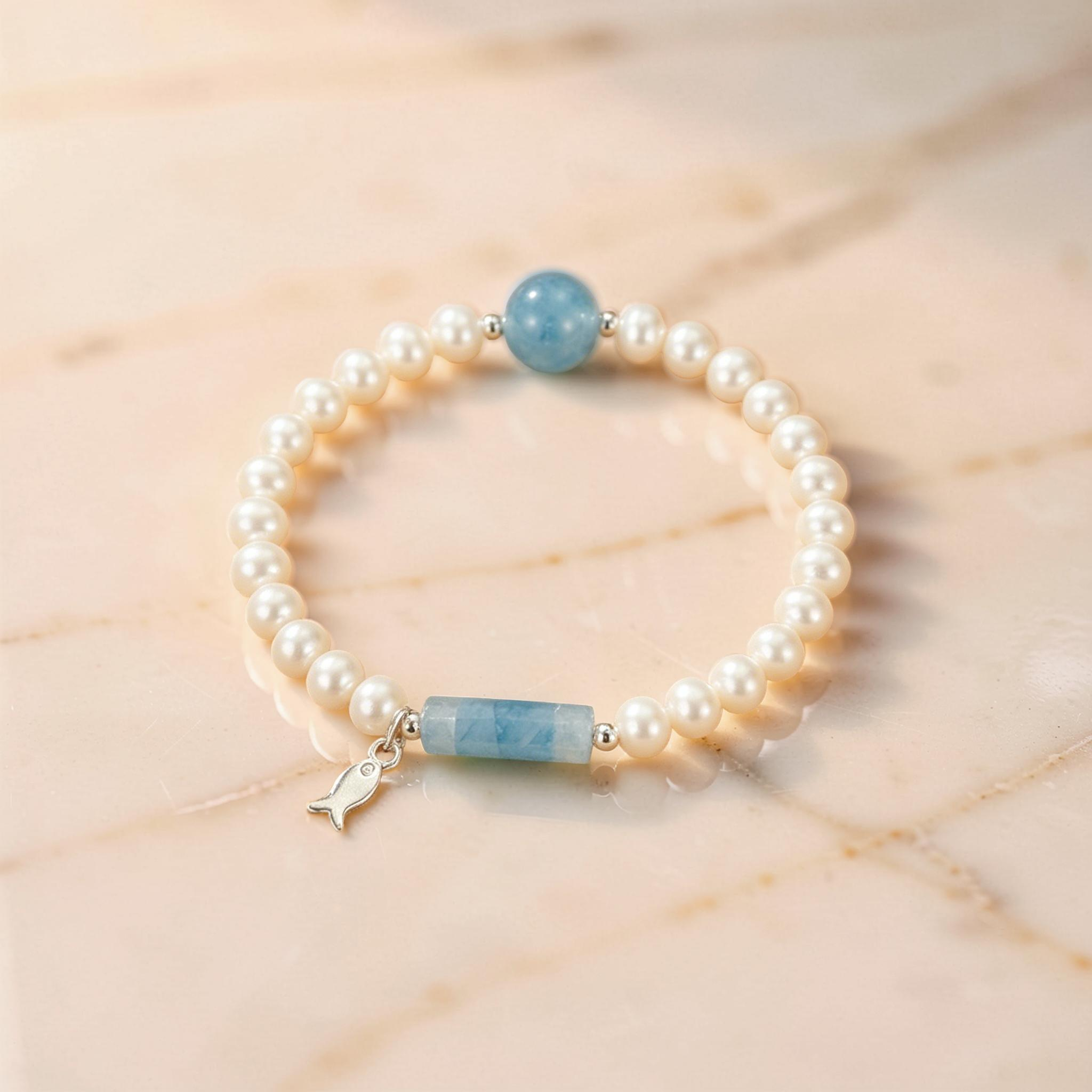 ATELIER-TIBET – Bracelet Perle et Aigue-marine – Douce Harmonie, Argent