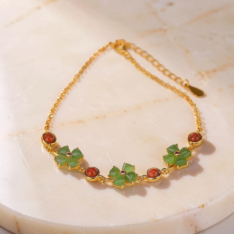 ATELIER-TIBET – Bracelet Trèfle en Jade – Chance Sereine, Argent Plaqué Or