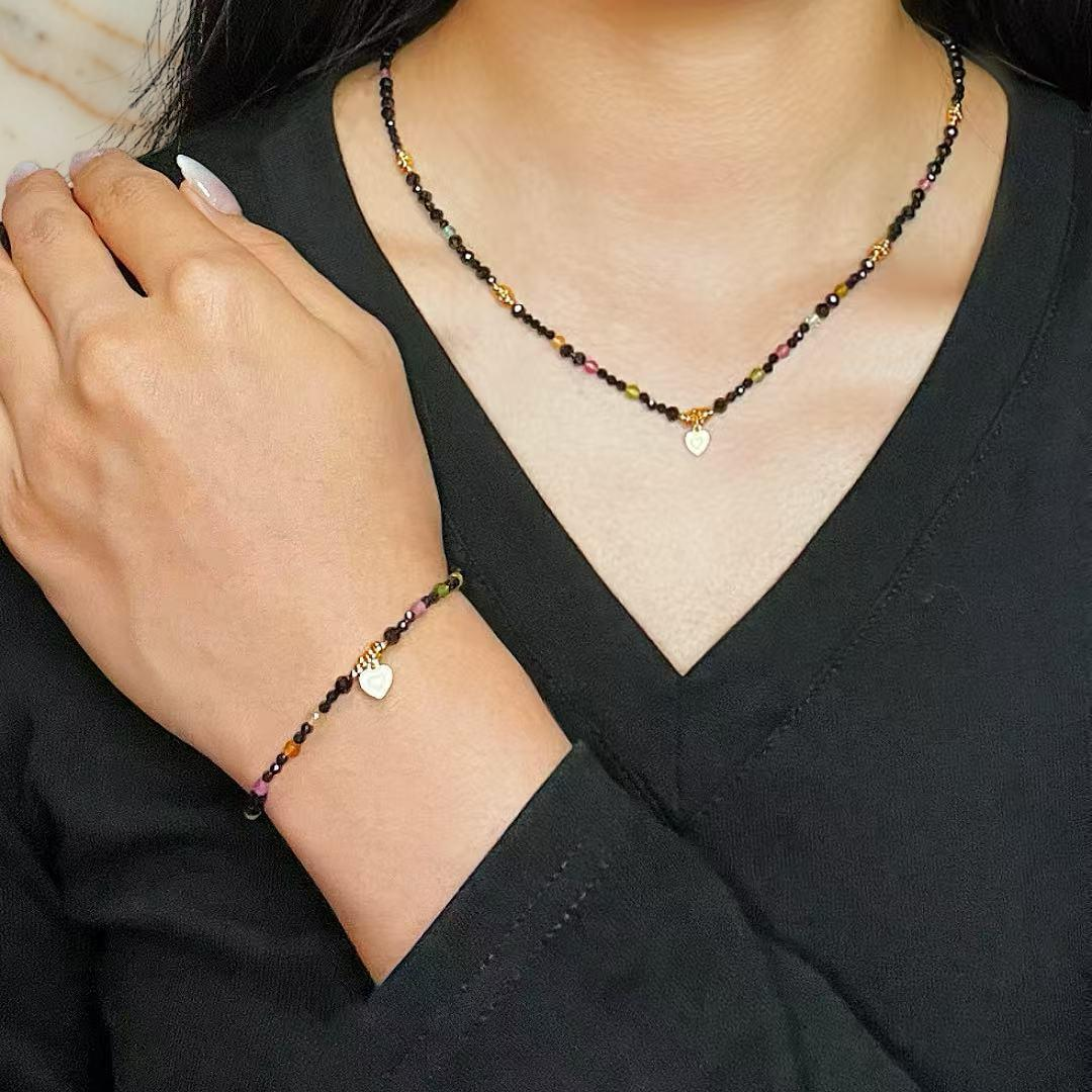 ATELIER-TIBET – Bracelet Tourmaline et Spinelle Noire – Talisman du Cœur, Argent Plaqué Or